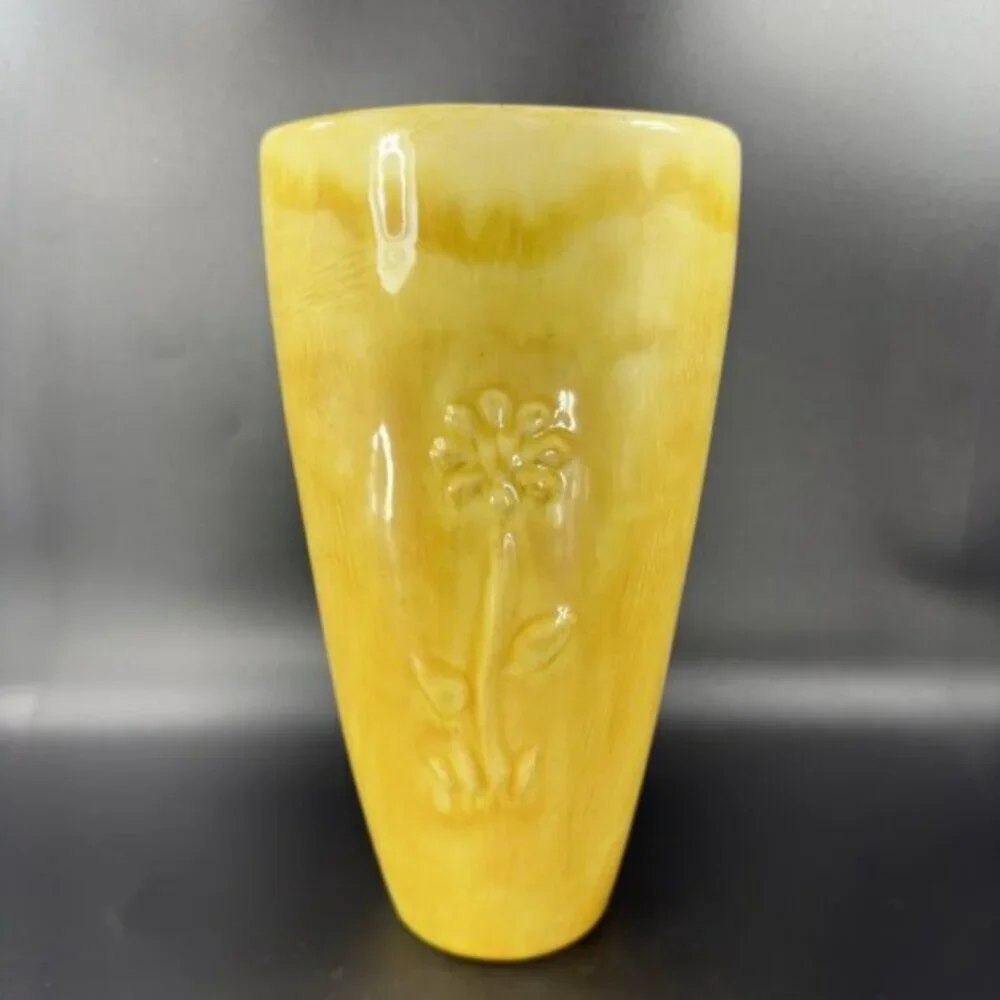 Antique Tall Yellow Pottery Vase‎ Embossed Flower USA Hand Made Vase Vessel VTG